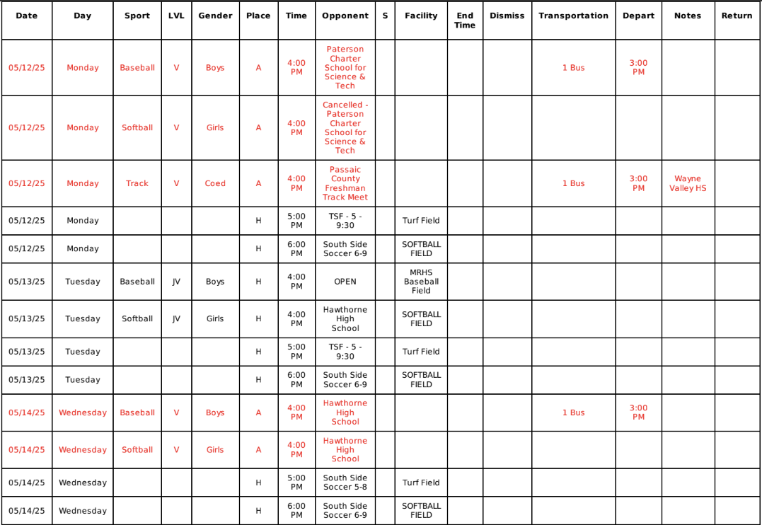 Weekly Sports Schedules